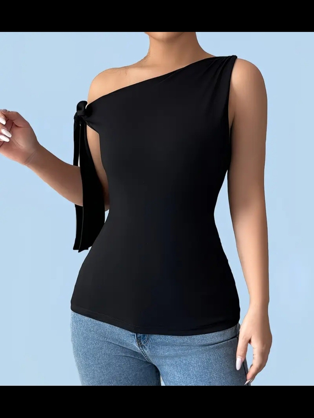 One-Shoulder Black Tie-Detail Top